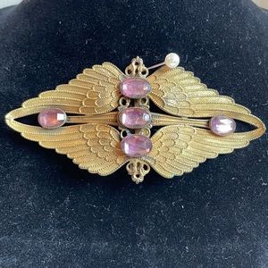 Stunning!Art Nouveau Amethyst rhinestone Russian gold Winged Buckle pendant VTG